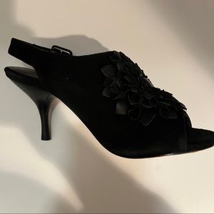 Reed Evins, Black Suede Flower Motif Sling Backs